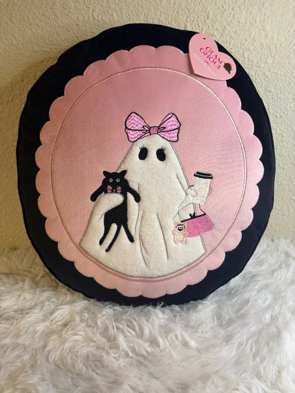 Glam Ghoul Ghost Cat Halloween Round Decorative Throw Pillow Pink NWT
